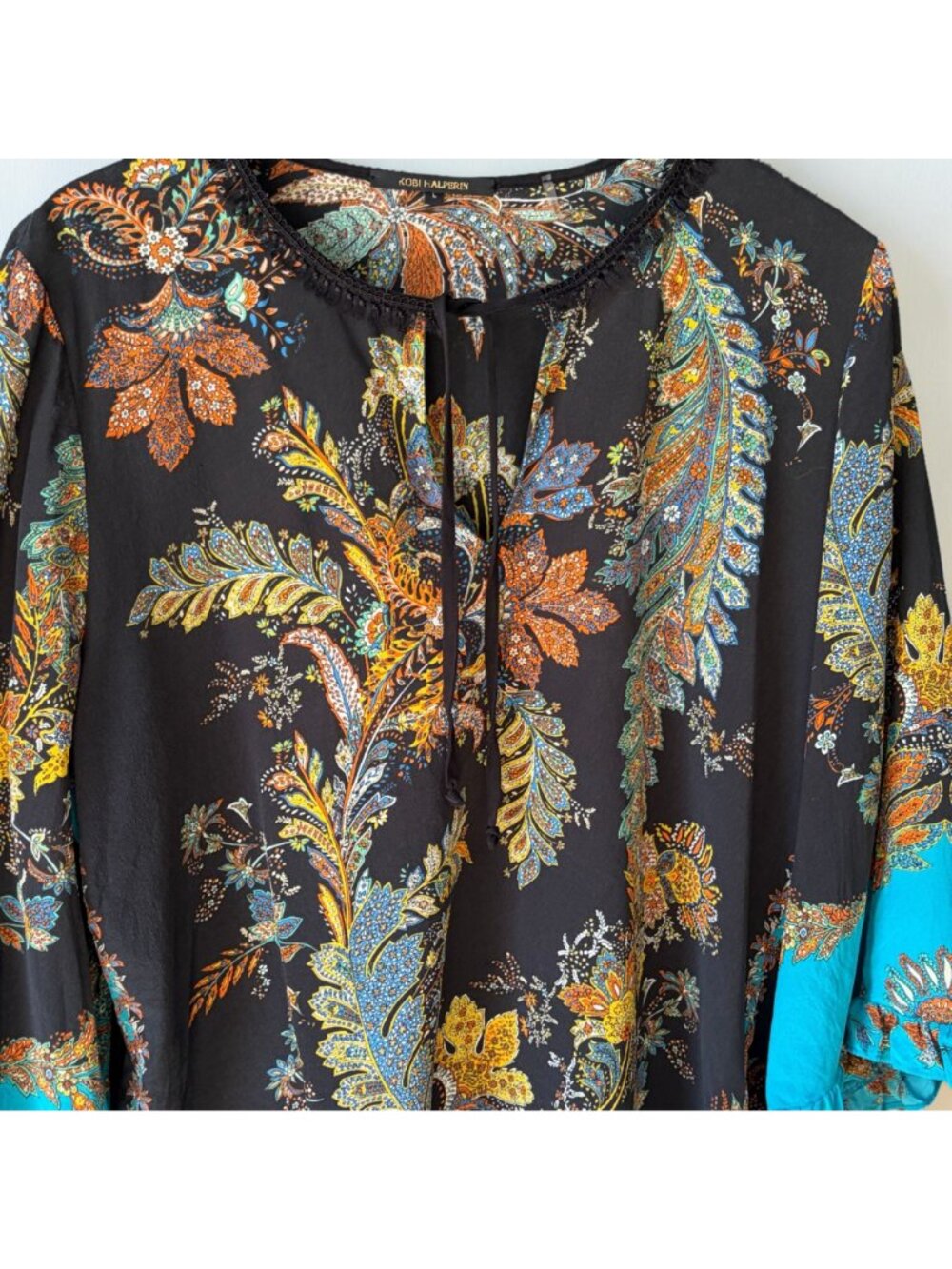 Kobi Halperin Helen Silk Blouse Size L Black Paisley Boho Ruffle Sleeve Tie Neck - Picture 4 of 11